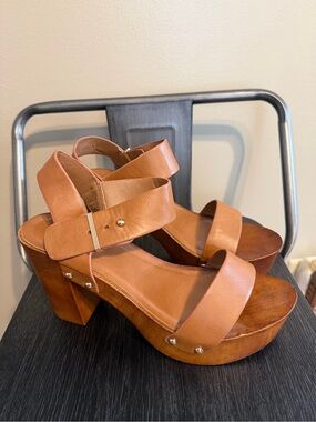 Bamboo Platform Heels Women’s 8 Cognac Brown Wood Clog Sandals